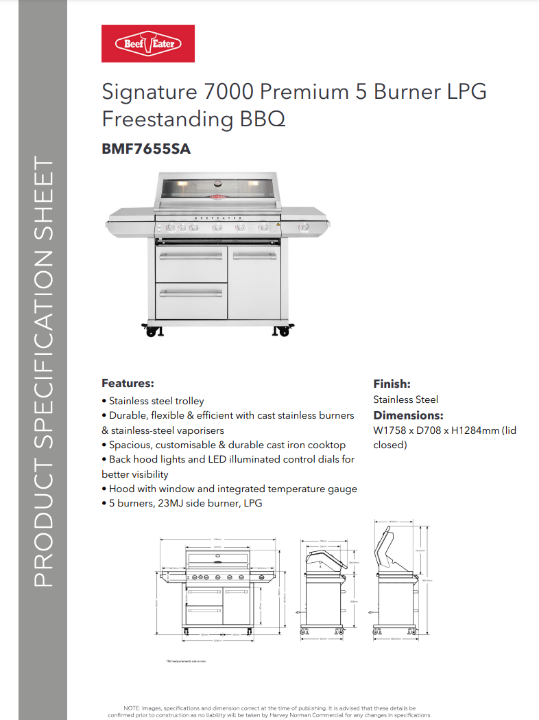 Beef Eater Signature 7000 Premium 5 Burner LPG Freestanding BBQ